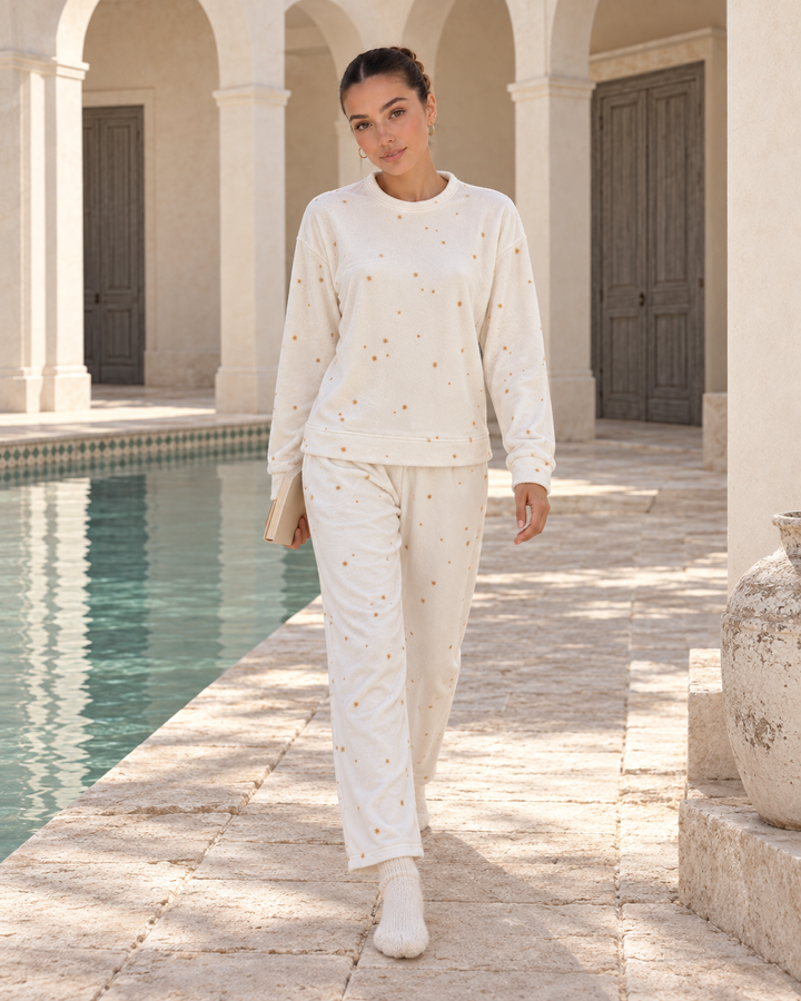 JOURI Mini-Print Long-Sleeve Pajama Set - 9029, Off White