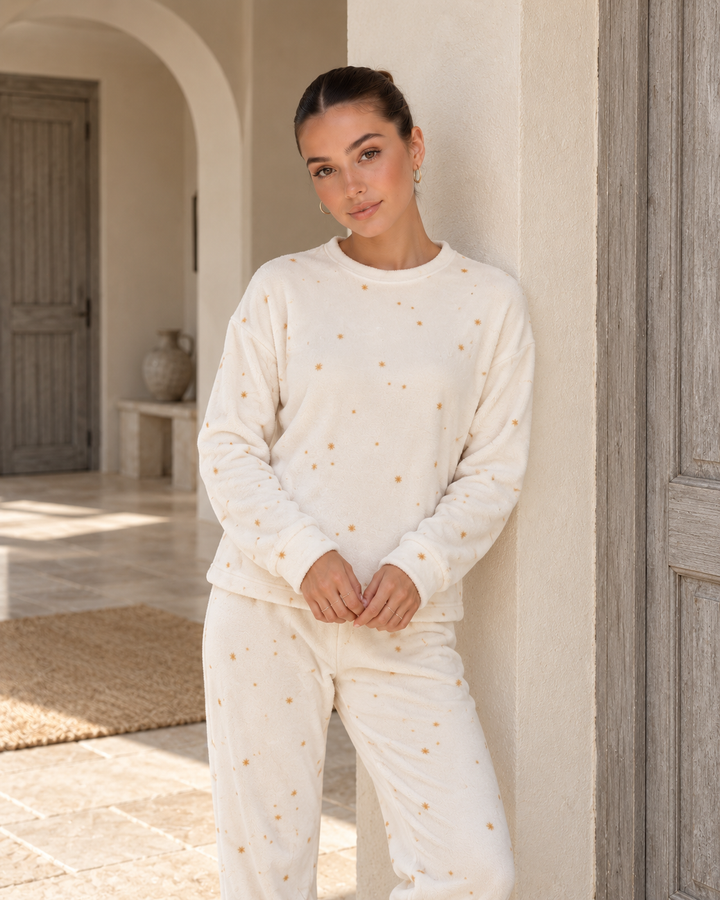 JOURI Mini-Print Long-Sleeve Pajama Set - 9029, Off White