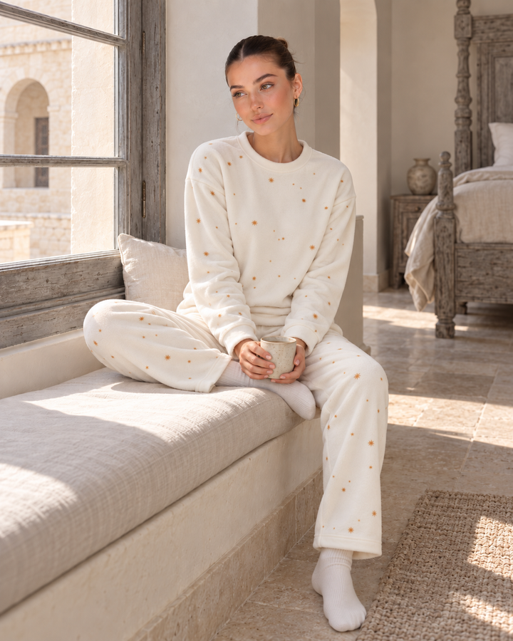 JOURI Mini-Print Long-Sleeve Pajama Set - 9029, Off White