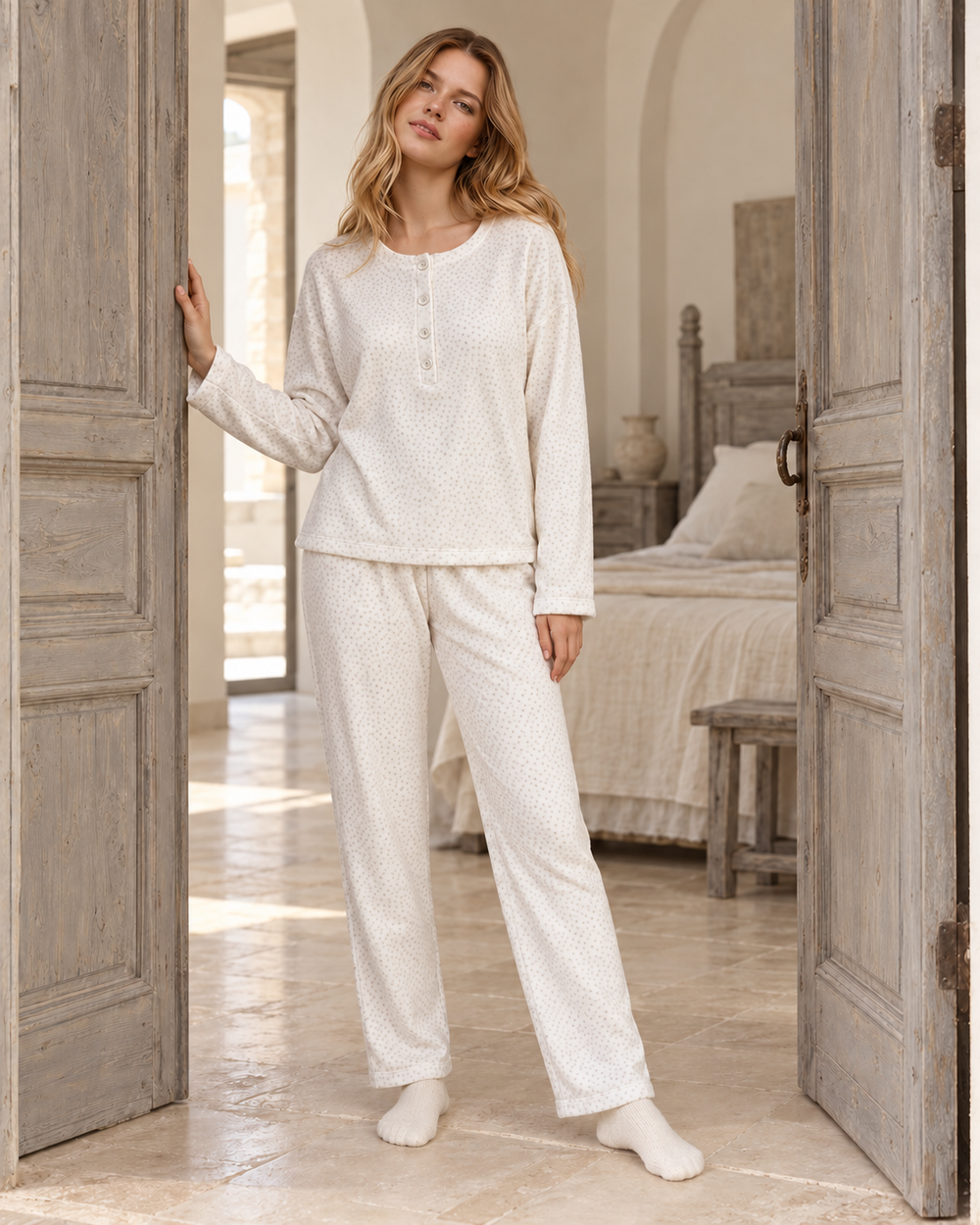 JOURI Textured Henley Pajama Set - 9037, Off White