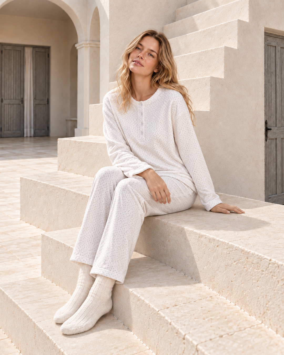 JOURI Textured Henley Pajama Set - 9037, Off White