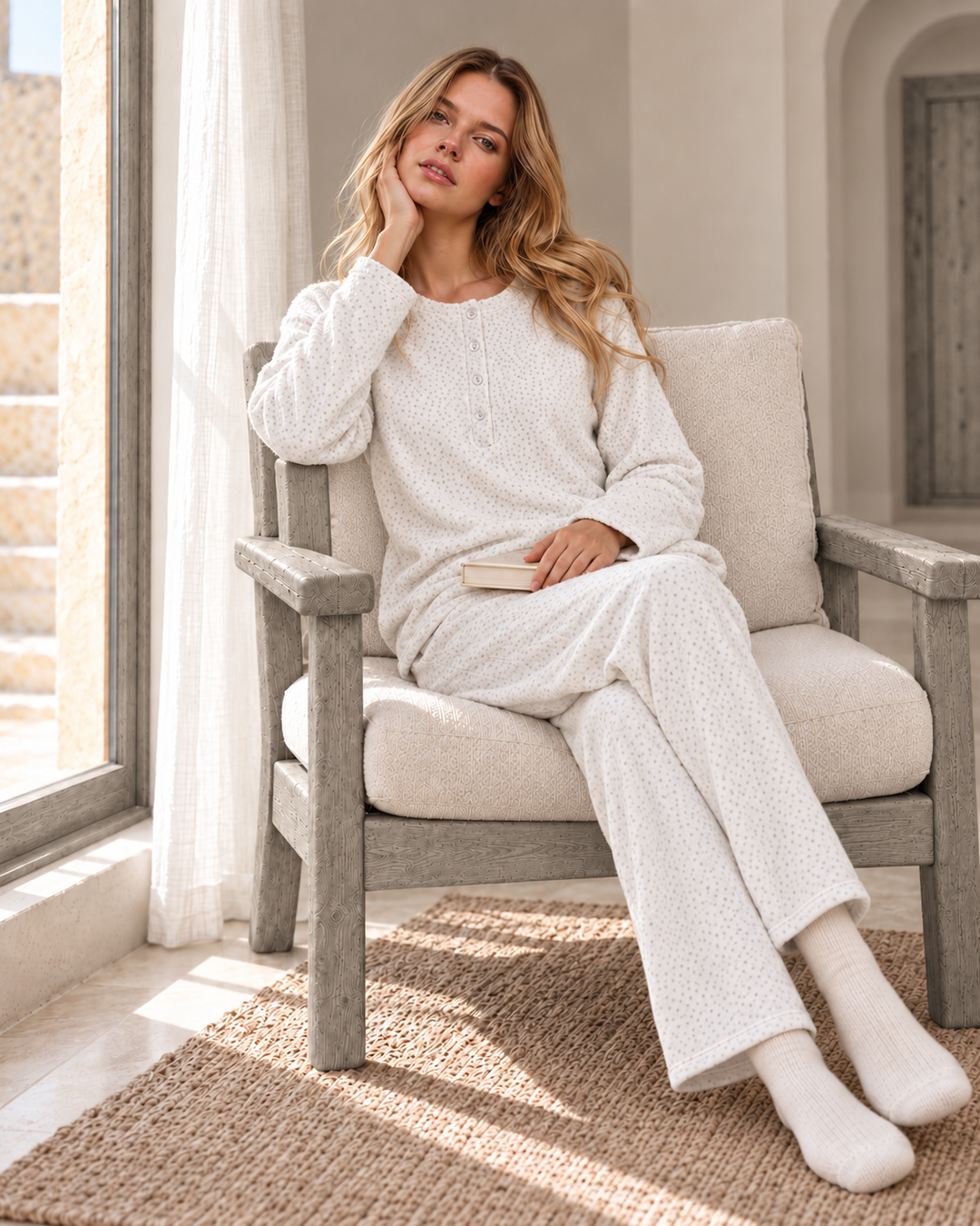 JOURI Textured Henley Pajama Set - 9037, Off White