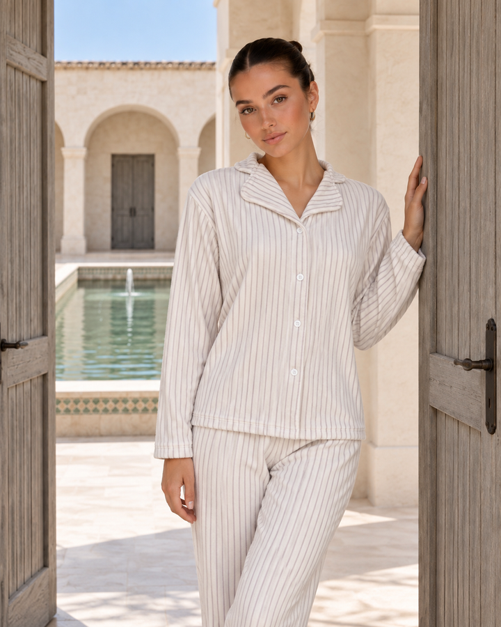 JOURI Button-Front Wide-Leg Pajama Set - 9058, Off White