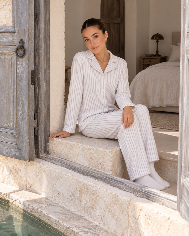 JOURI Button-Front Wide-Leg Pajama Set - 9058, Off White