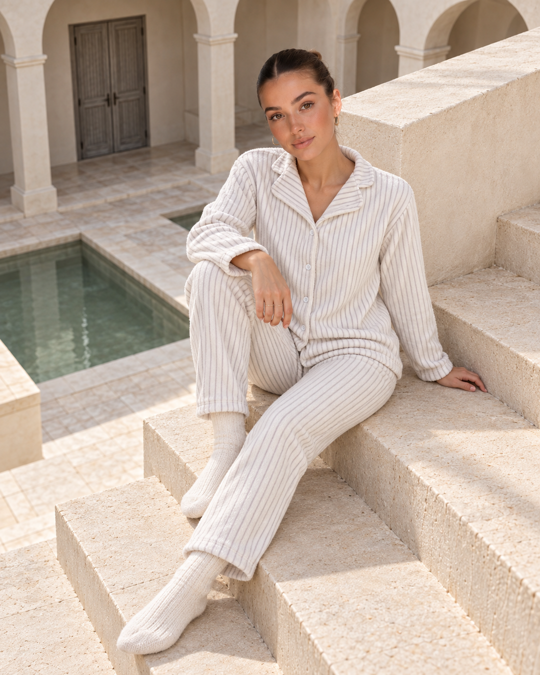 JOURI Button-Front Wide-Leg Pajama Set - 9058, Off White