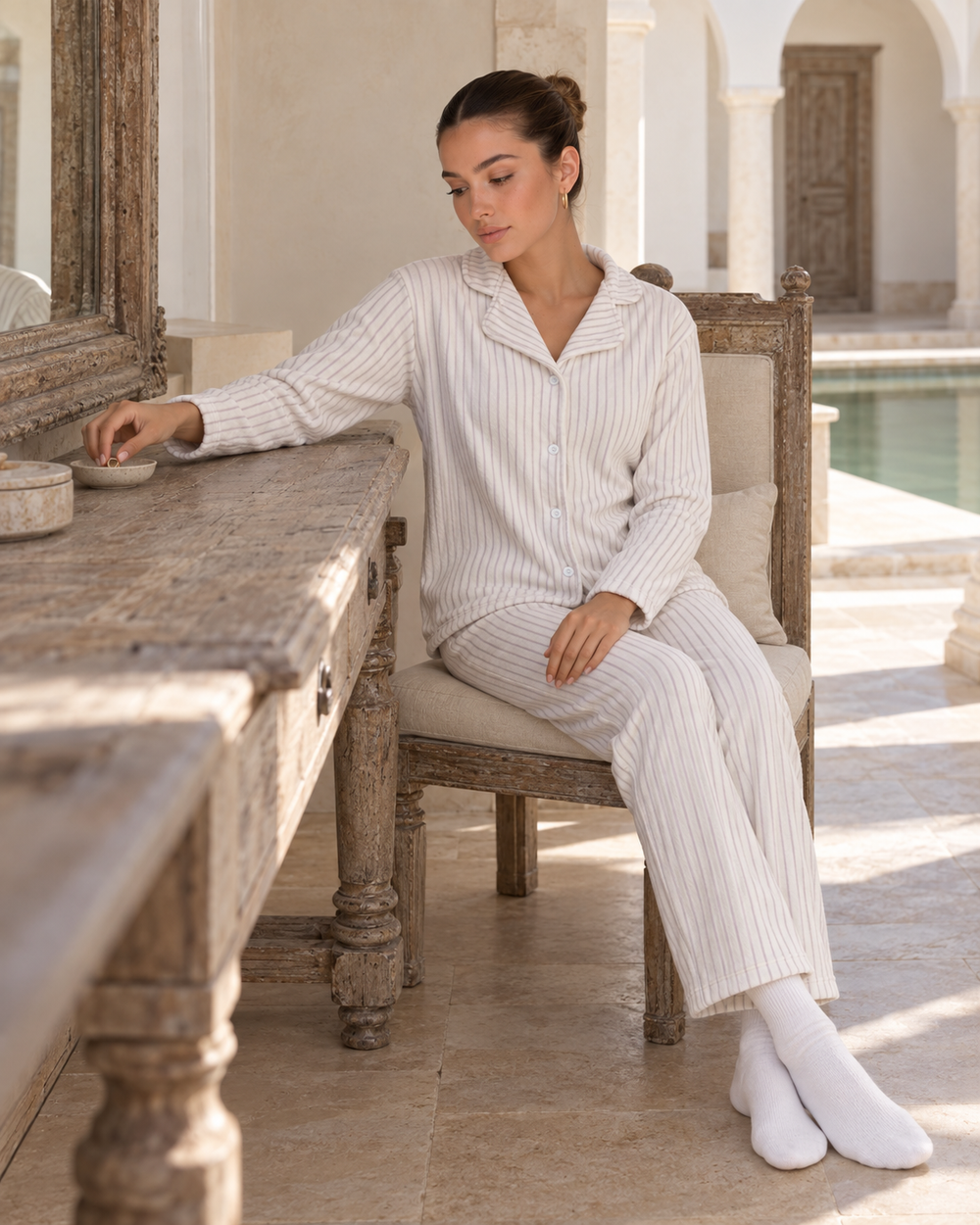 JOURI Button-Front Wide-Leg Pajama Set - 9058, Off White