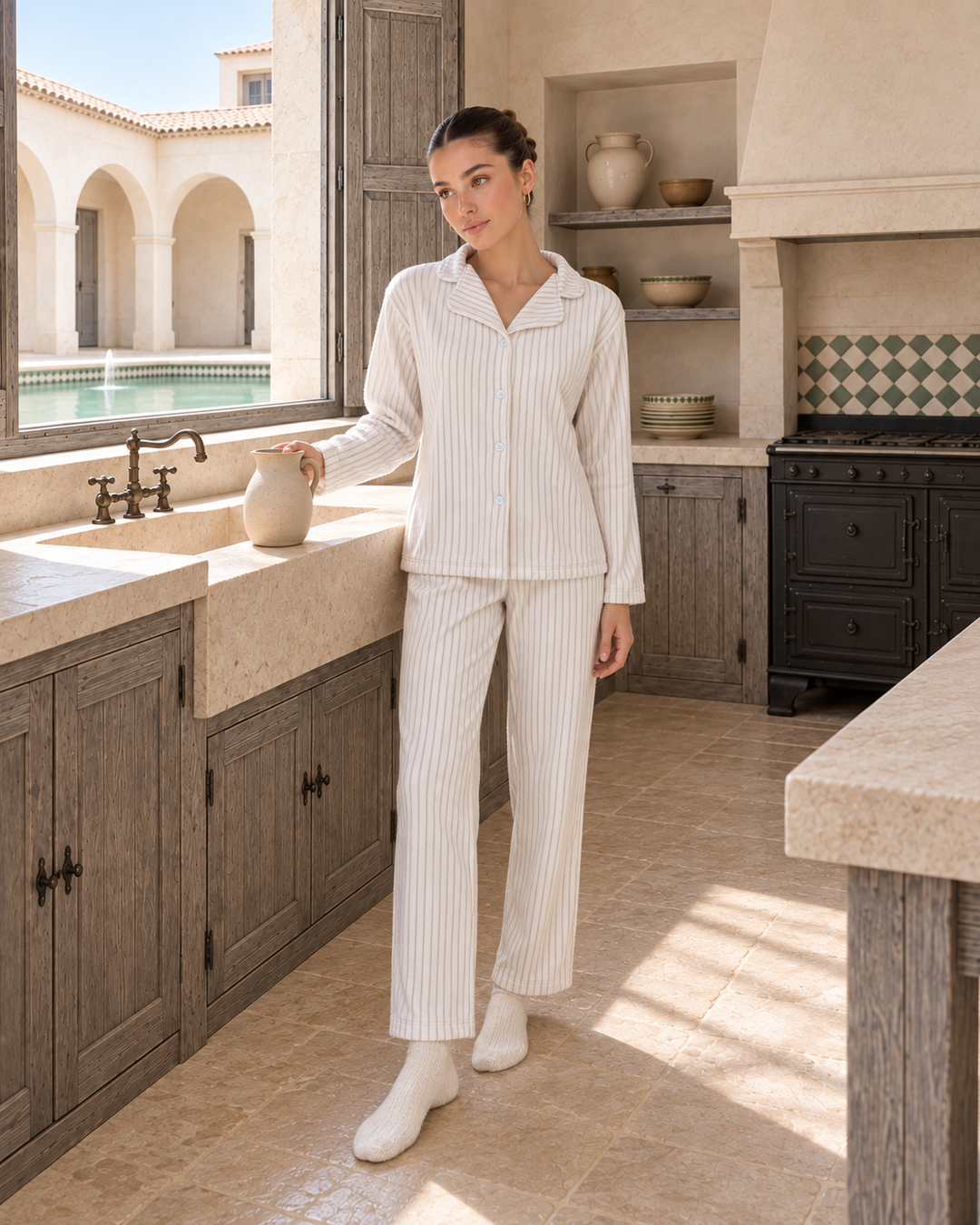 JOURI Button-Front Wide-Leg Pajama Set - 9058, Off White