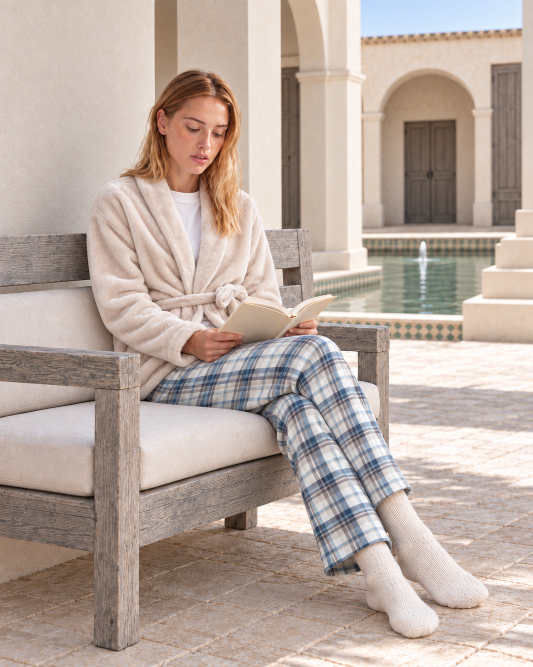 JOURI Checked Three-Piece Pajama Set - 9047, Beige