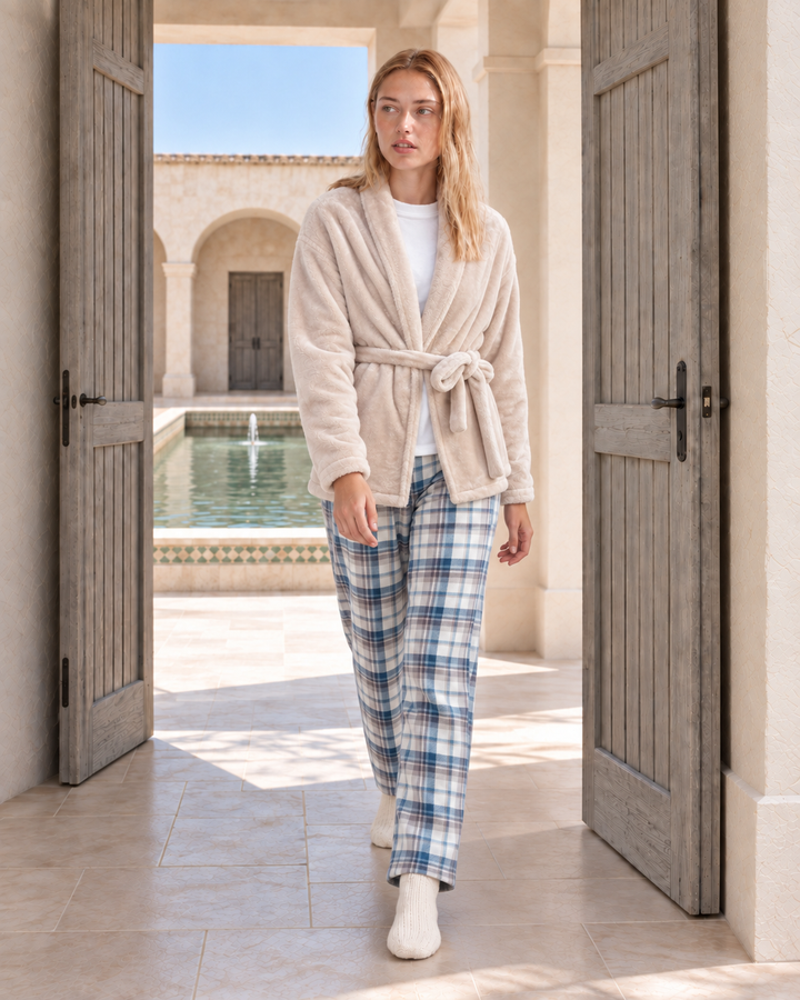 JOURI Checked Three-Piece Pajama Set - 9047, Beige