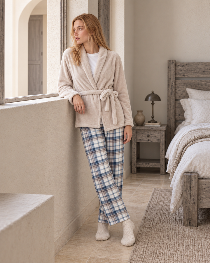JOURI Checked Three-Piece Pajama Set - 9047, Beige