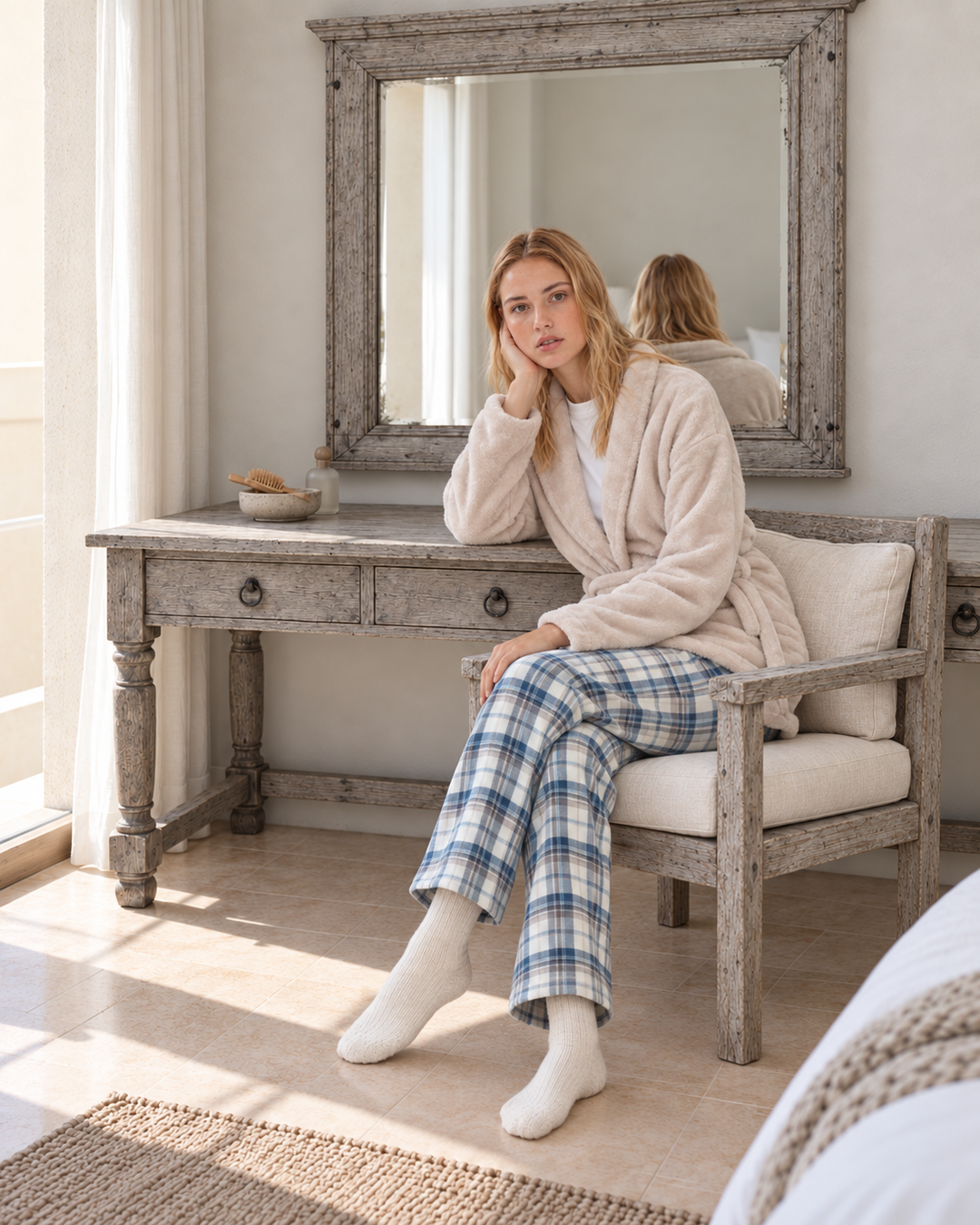 JOURI Checked Three-Piece Pajama Set - 9047, Beige