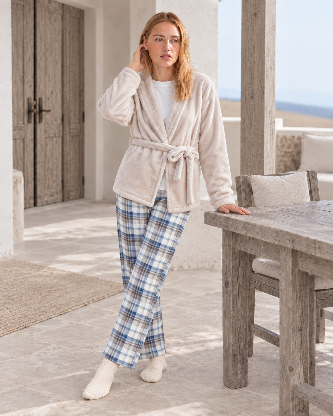 JOURI Checked Three-Piece Pajama Set - 9047, Beige