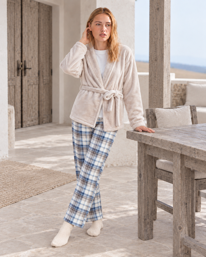 JOURI Checked Three-Piece Pajama Set - 9047, Beige