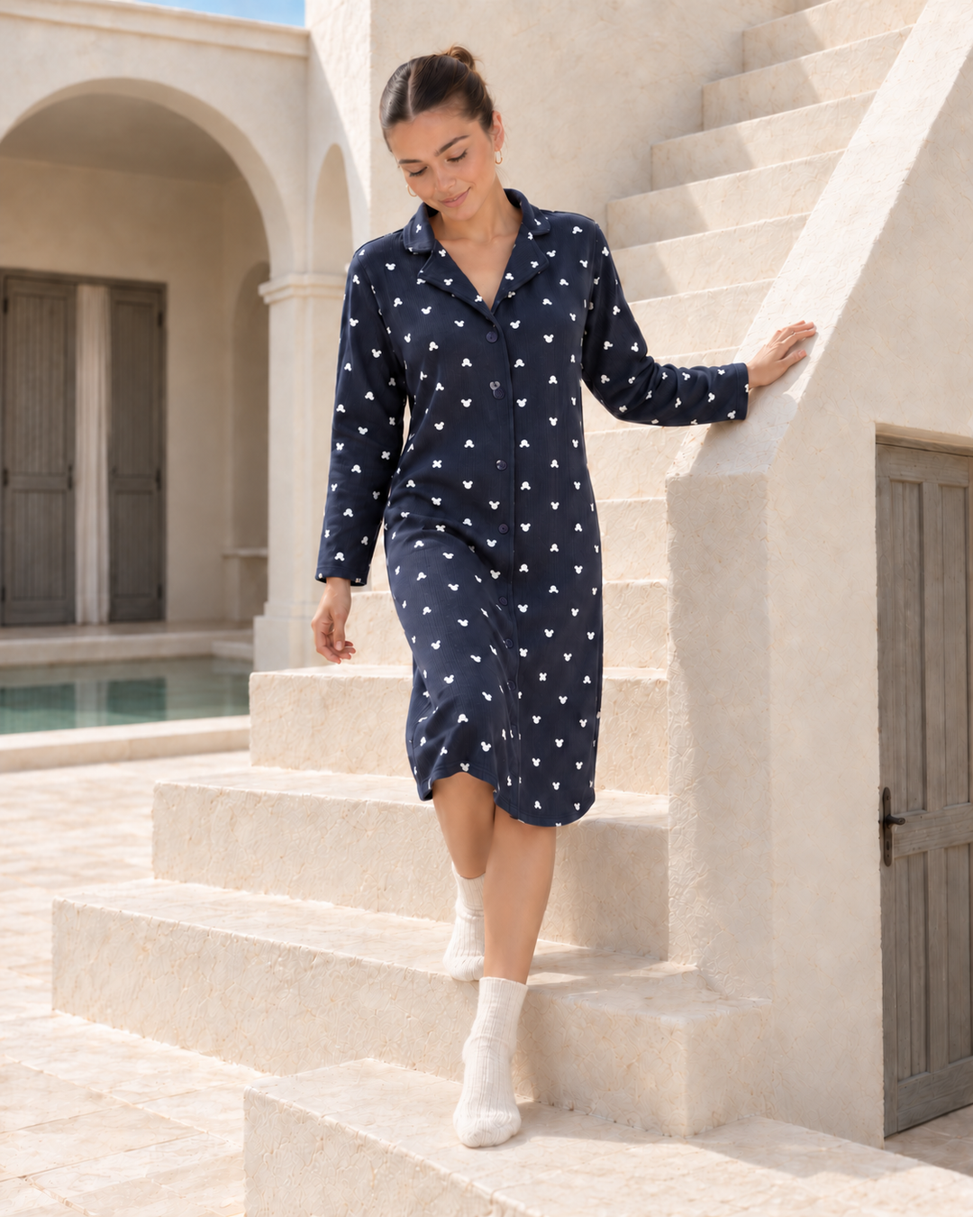 JOURI Heart-Print Buttoned Pajama Nightshirt - 9035, Navy