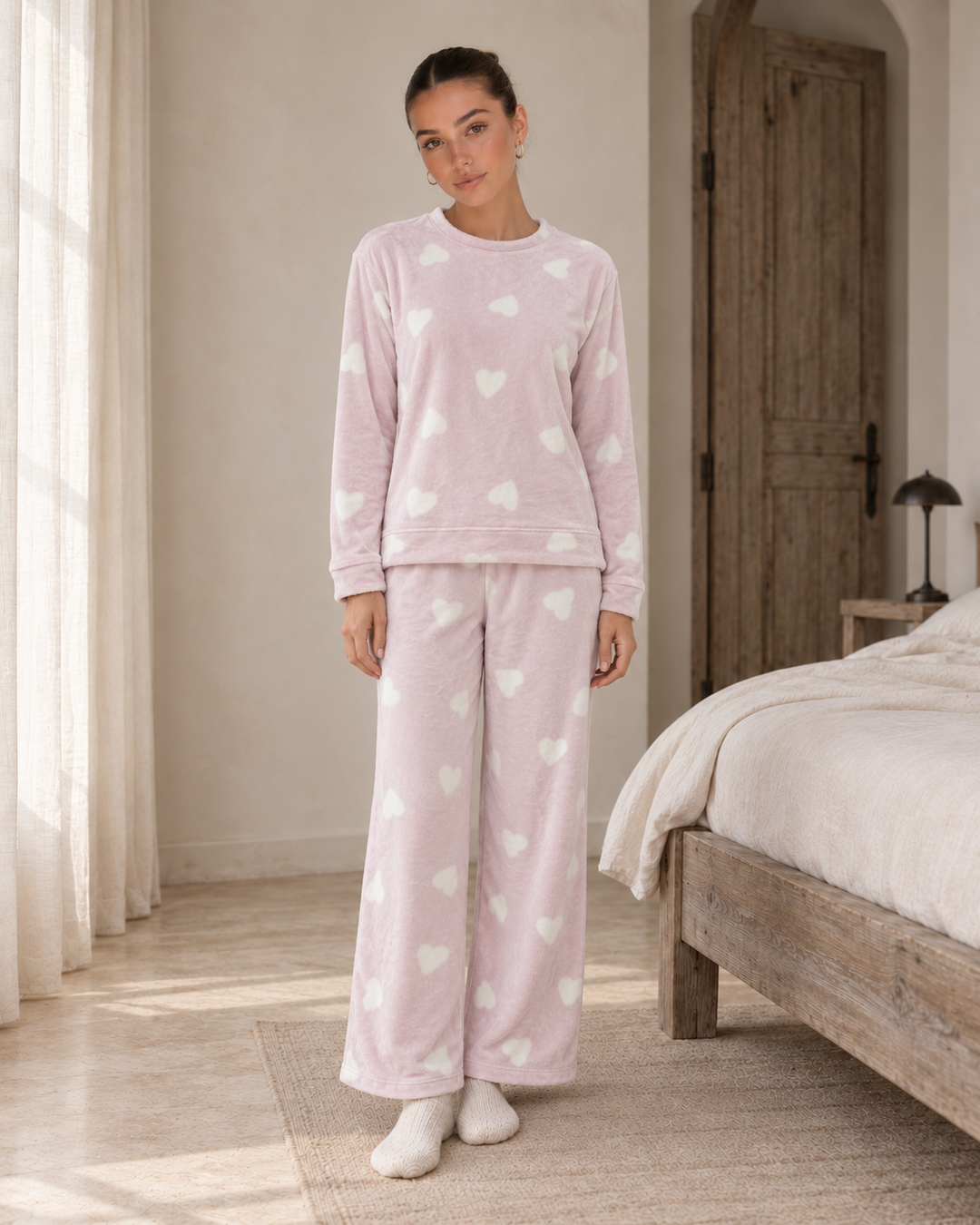 JOURI Plush Heart-Pattern Pajama Set - 9036, Blush Pink