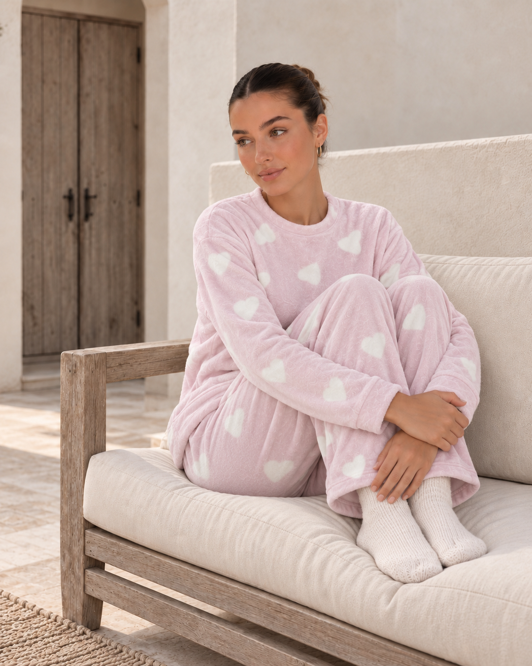 JOURI Plush Heart-Pattern Pajama Set - 9036, Blush Pink