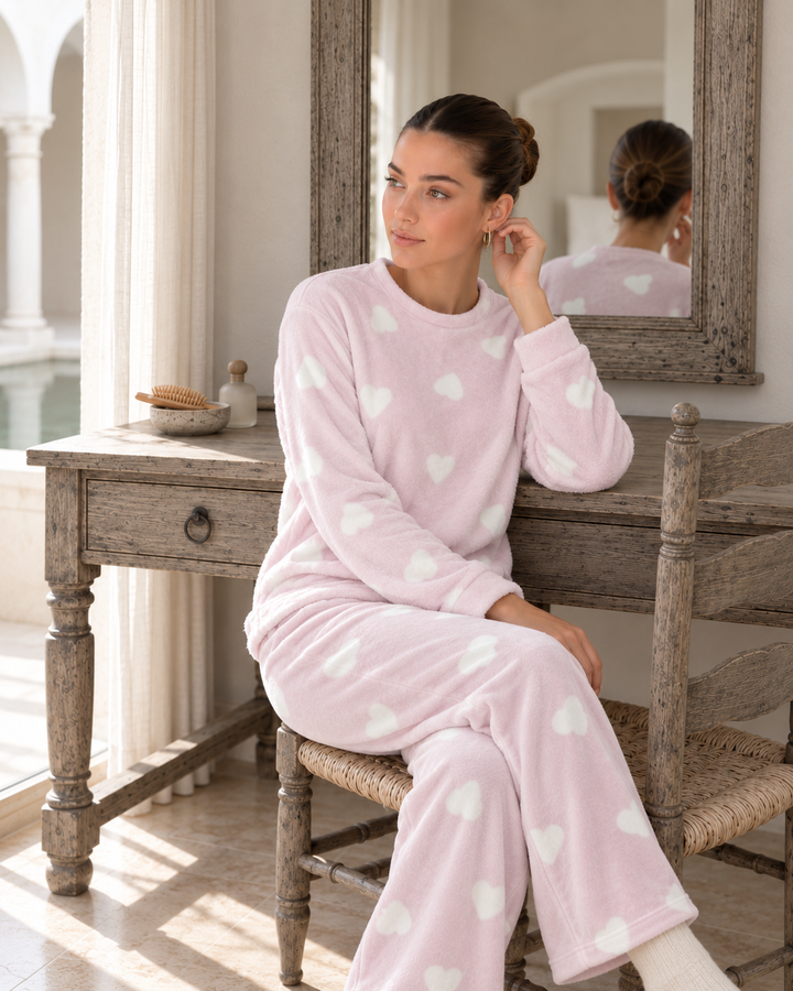 JOURI Plush Heart-Pattern Pajama Set - 9036, Blush Pink