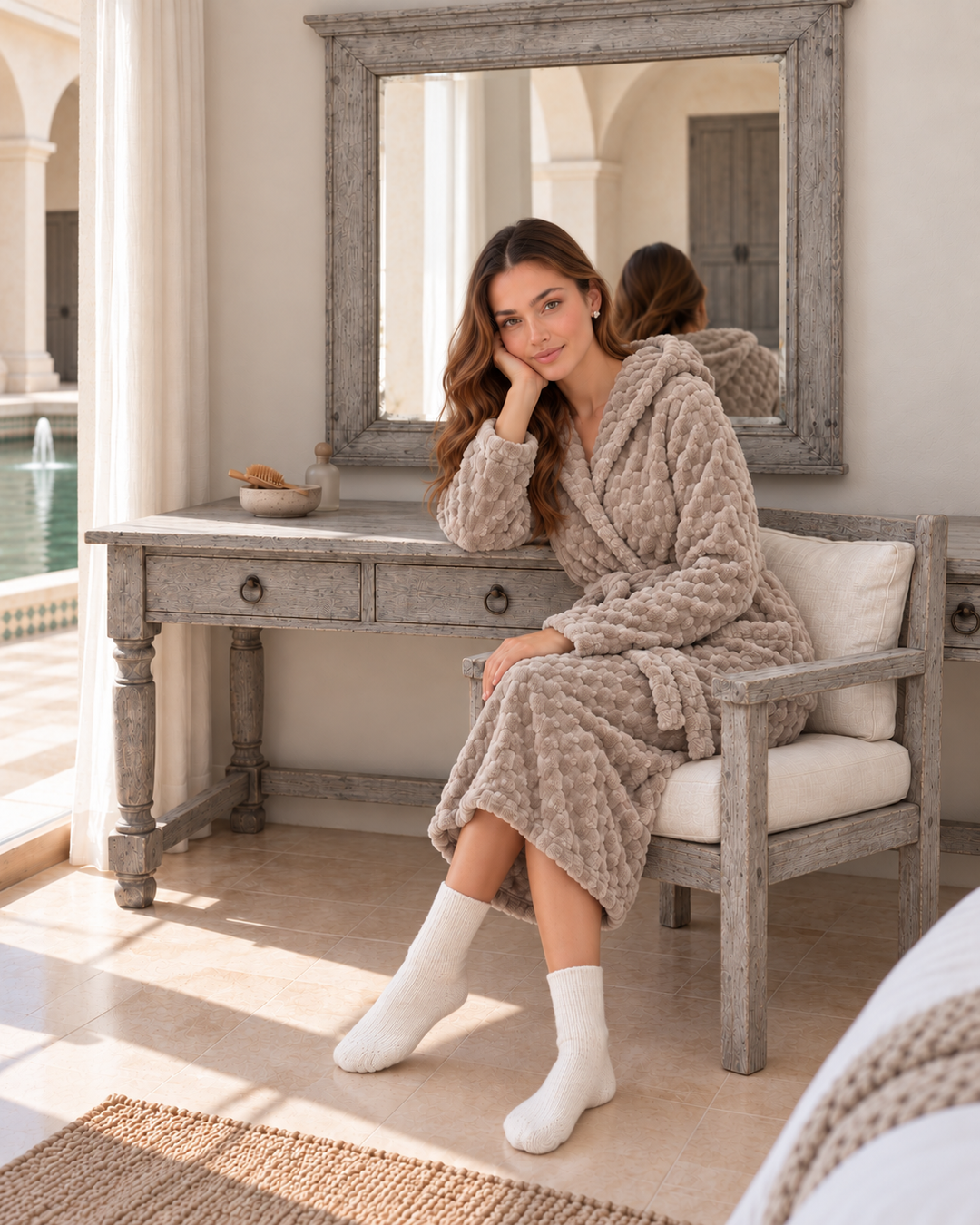 JOURI Textured Hooded Pajama Robe - 9043, Taupe