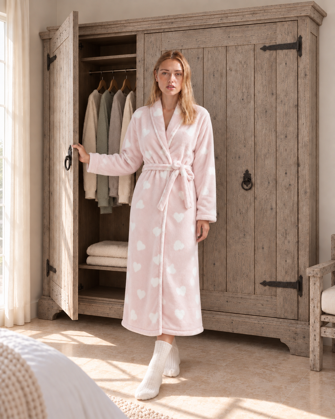 JOURI Heart-Print Pajama Robe - 9031, Blush Pink