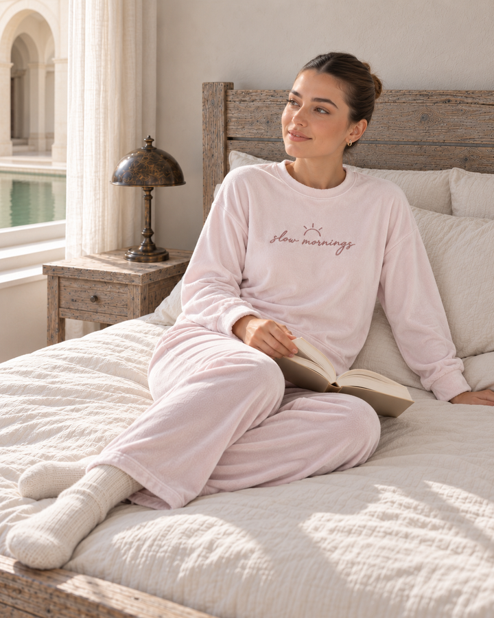 JOURI Lettering Long-Sleeve Pajama Set - 9038, Blush Pink