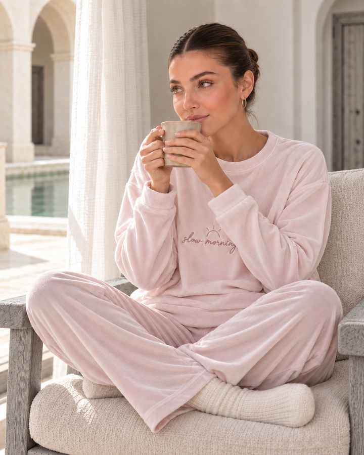 JOURI Lettering Long-Sleeve Pajama Set - 9038, Blush Pink