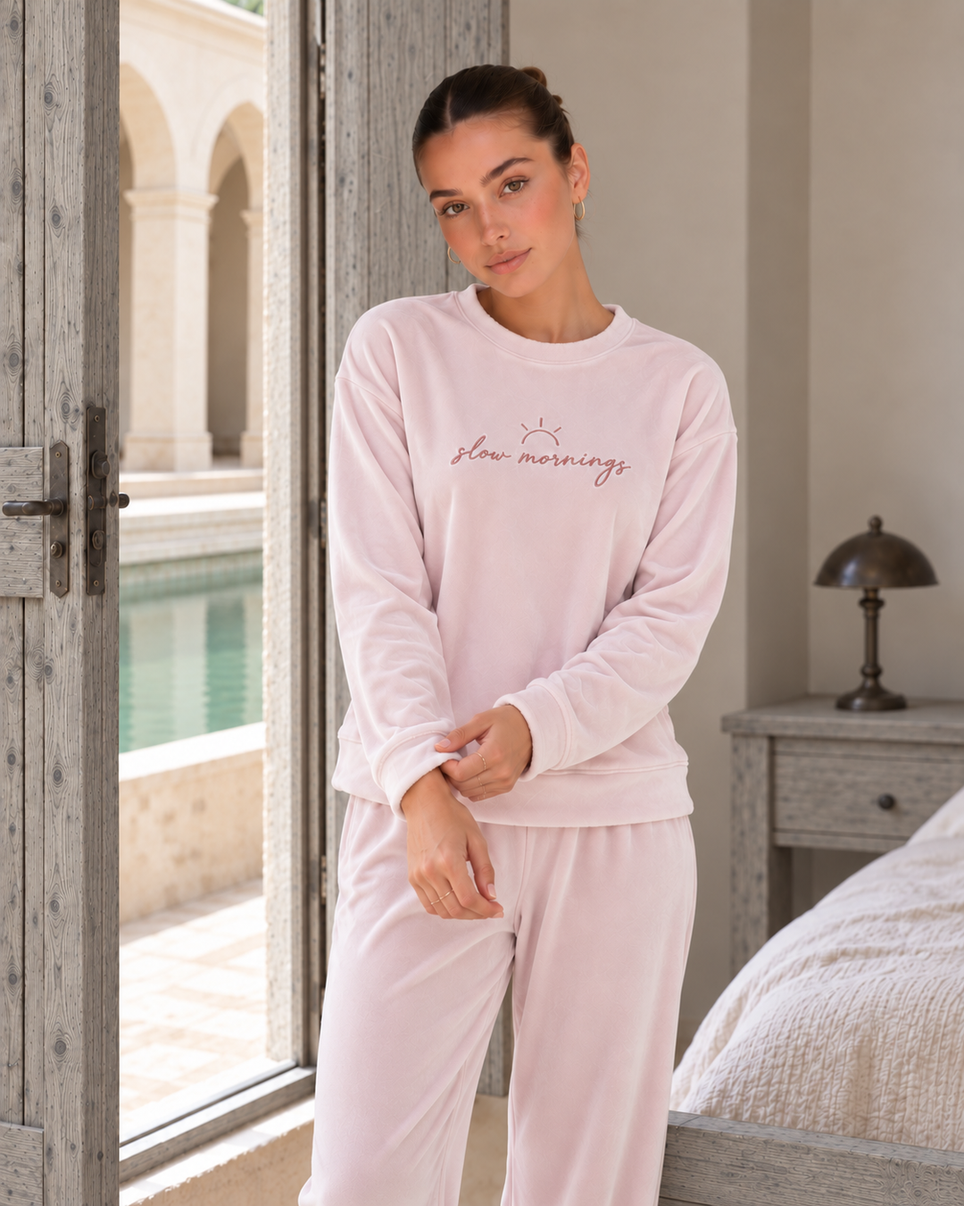 JOURI Lettering Long-Sleeve Pajama Set - 9038, Blush Pink