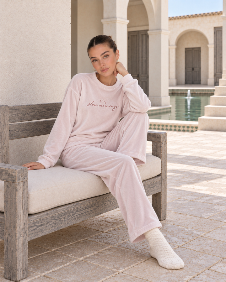 JOURI Lettering Long-Sleeve Pajama Set - 9038, Blush Pink