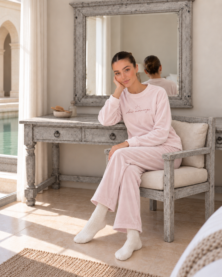 JOURI Lettering Long-Sleeve Pajama Set - 9038, Blush Pink