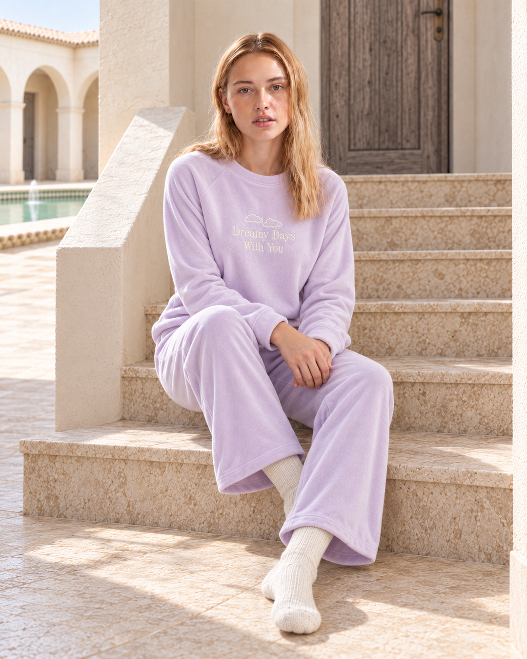 JOURI Slogan Long-Sleeve Pajama Set - 9016, Lilac