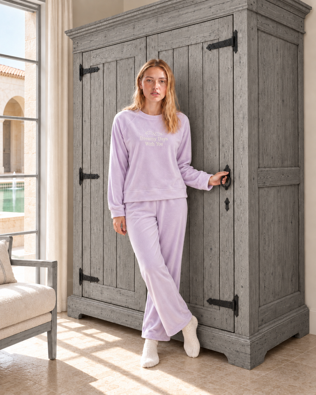 JOURI Slogan Long-Sleeve Pajama Set - 9016, Lilac