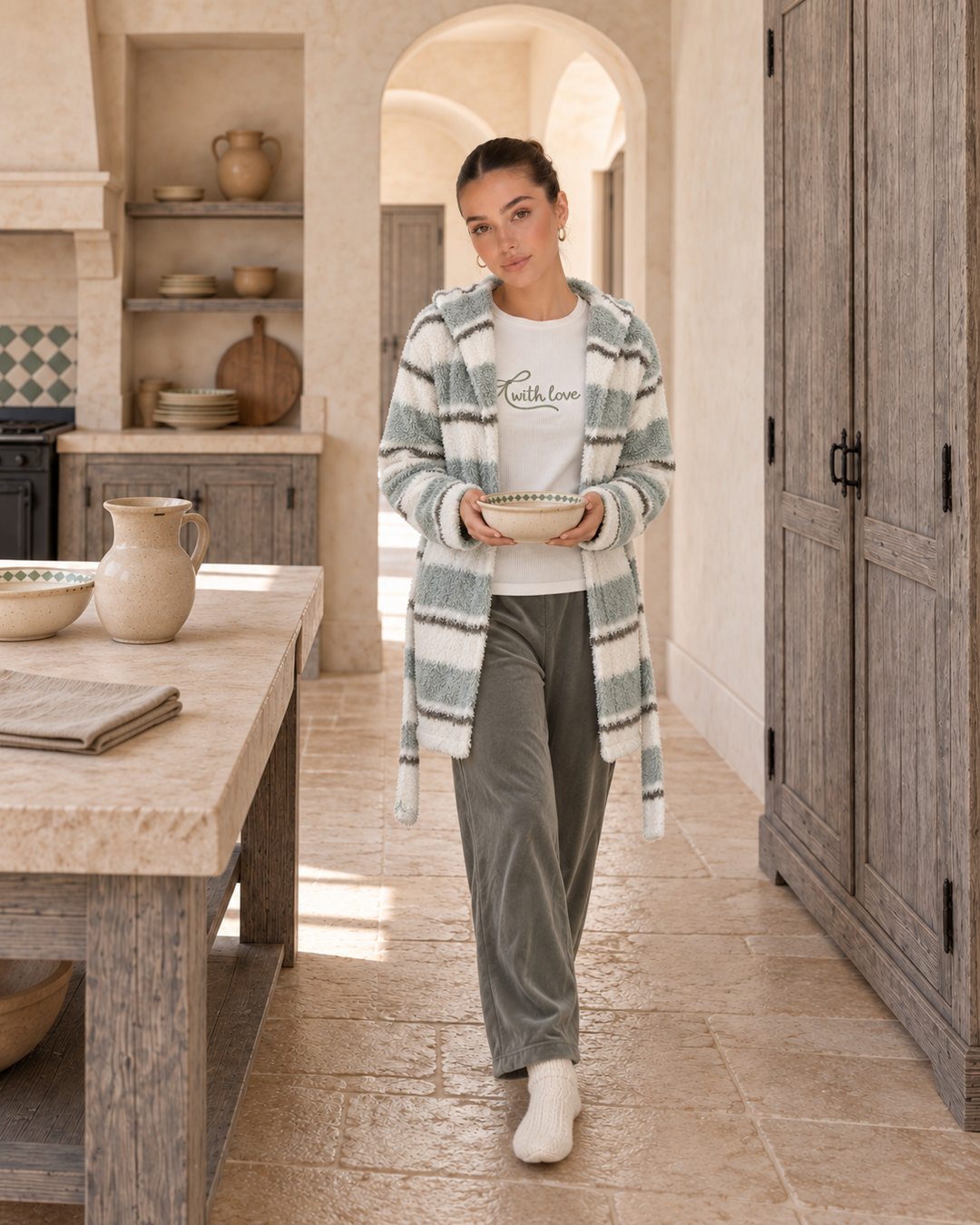 JOURI Striped Three-Piece Pajama Set - 9033, Olive Green