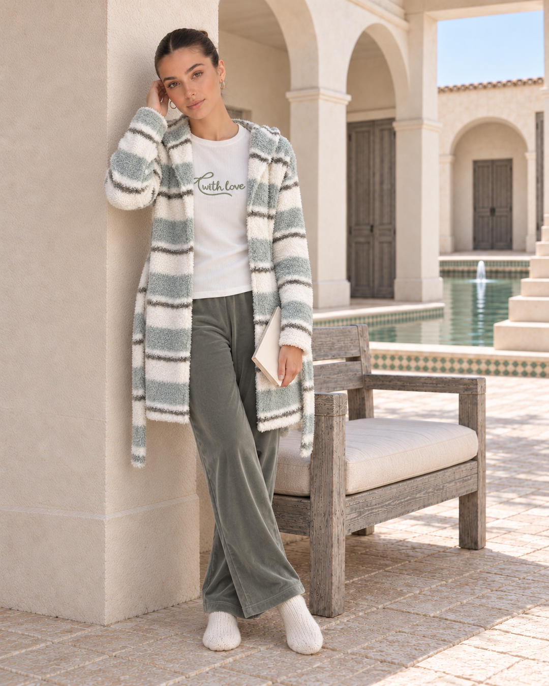 JOURI Striped Three-Piece Pajama Set - 9033, Olive Green
