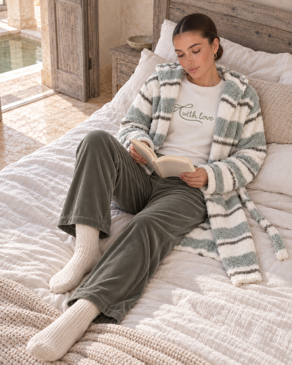 JOURI Striped Three-Piece Pajama Set - 9033, Olive Green