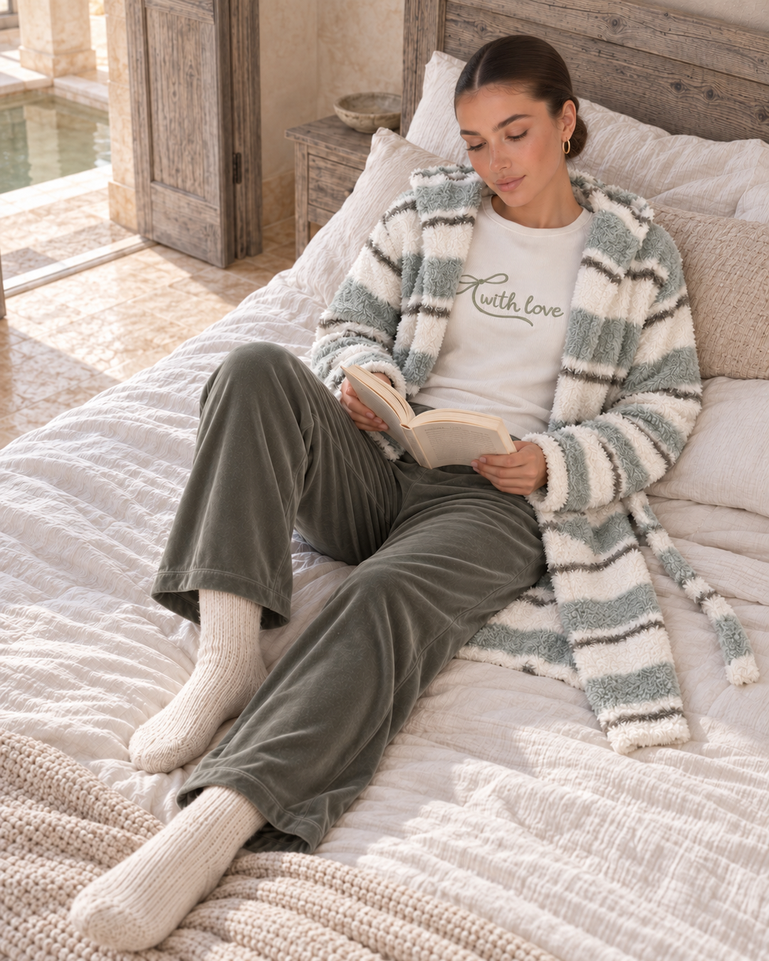 JOURI Striped Three-Piece Pajama Set - 9033, Olive Green