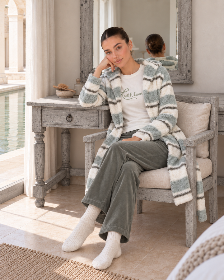 JOURI Striped Three-Piece Pajama Set - 9033, Olive Green