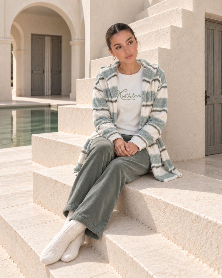 JOURI Striped Three-Piece Pajama Set - 9033, Olive Green
