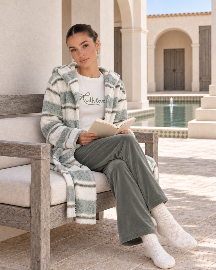 JOURI Striped Three-Piece Pajama Set - 9033, Olive Green