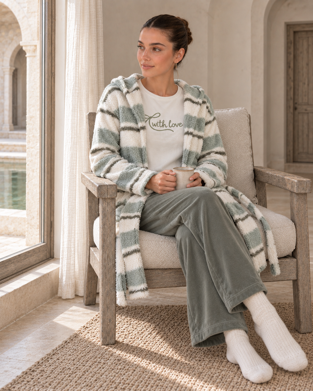 JOURI Striped Three-Piece Pajama Set - 9033, Olive Green