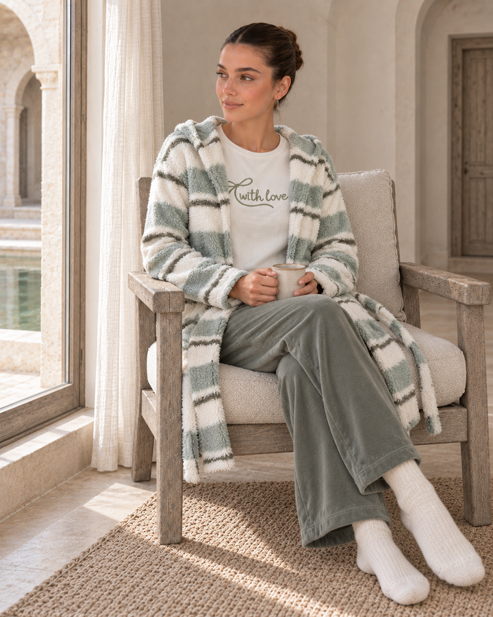 JOURI Striped Three-Piece Pajama Set - 9033, Olive Green