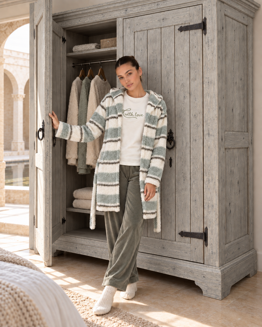 JOURI Striped Three-Piece Pajama Set - 9033, Olive Green