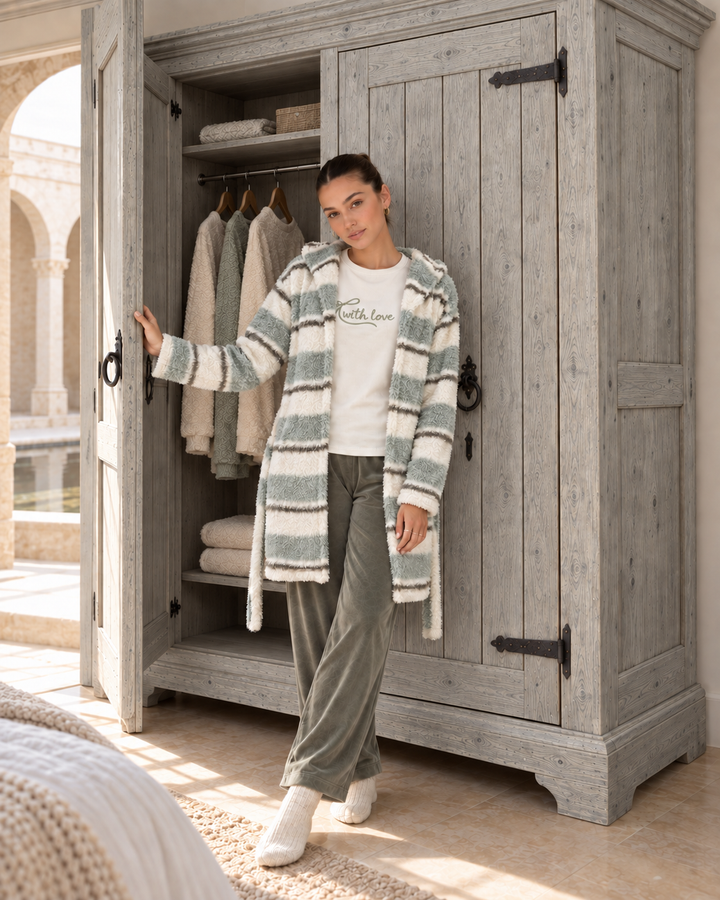 JOURI Striped Three-Piece Pajama Set - 9033, Olive Green