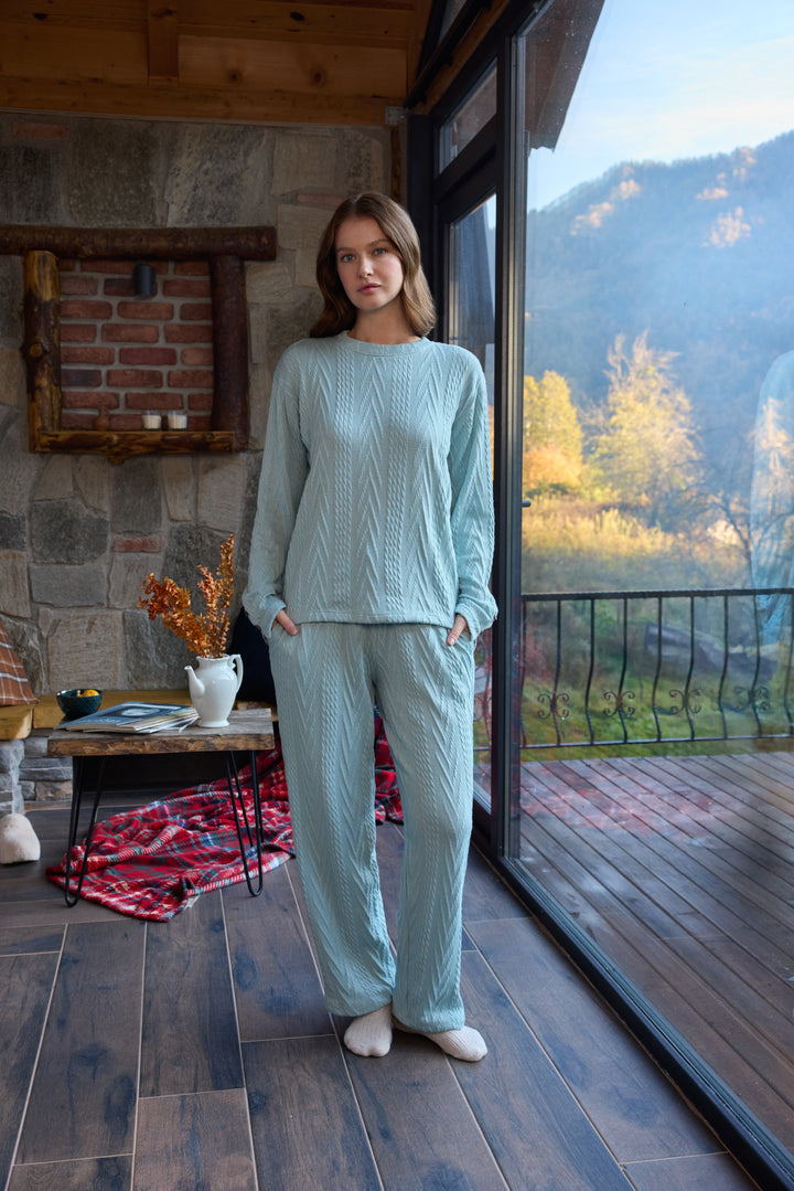 Soft Sage Chevron-Pattern Pajama Set – Cozy Winter Comfort 6036