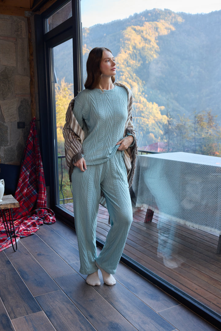 Soft Sage Chevron-Pattern Pajama Set – Cozy Winter Comfort 6036