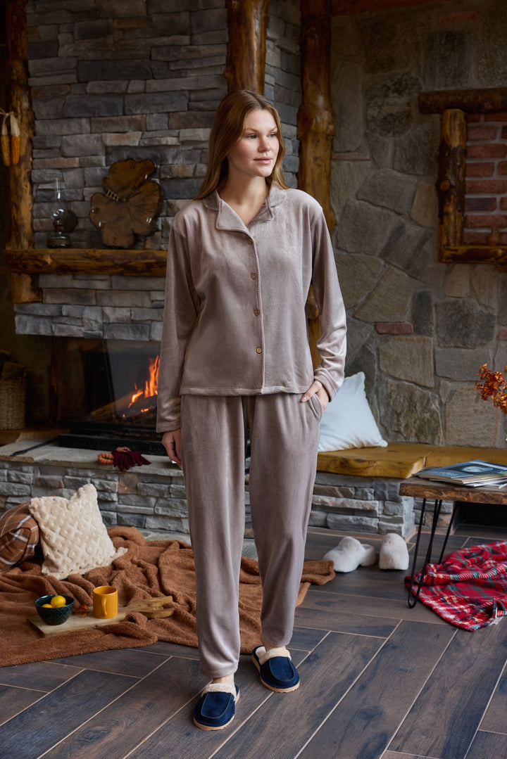 Warm Beige Velvet Pajama Set with Buttons – Soft Winter Comfort | 6008