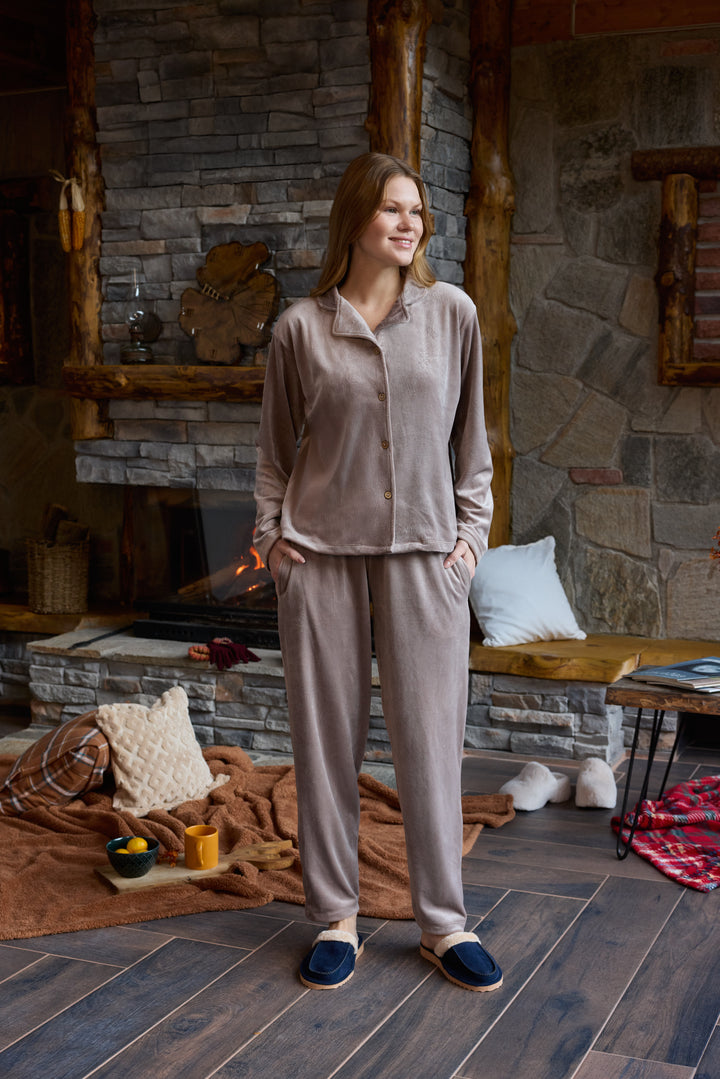 Warm Beige Velvet Pajama Set with Buttons – Soft Winter Comfort | 6008