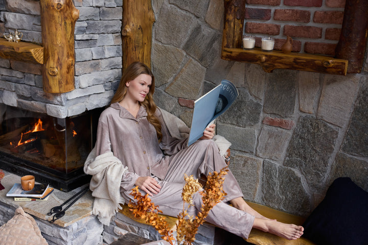 Warm Beige Velvet Pajama Set with Buttons – Soft Winter Comfort | 6008