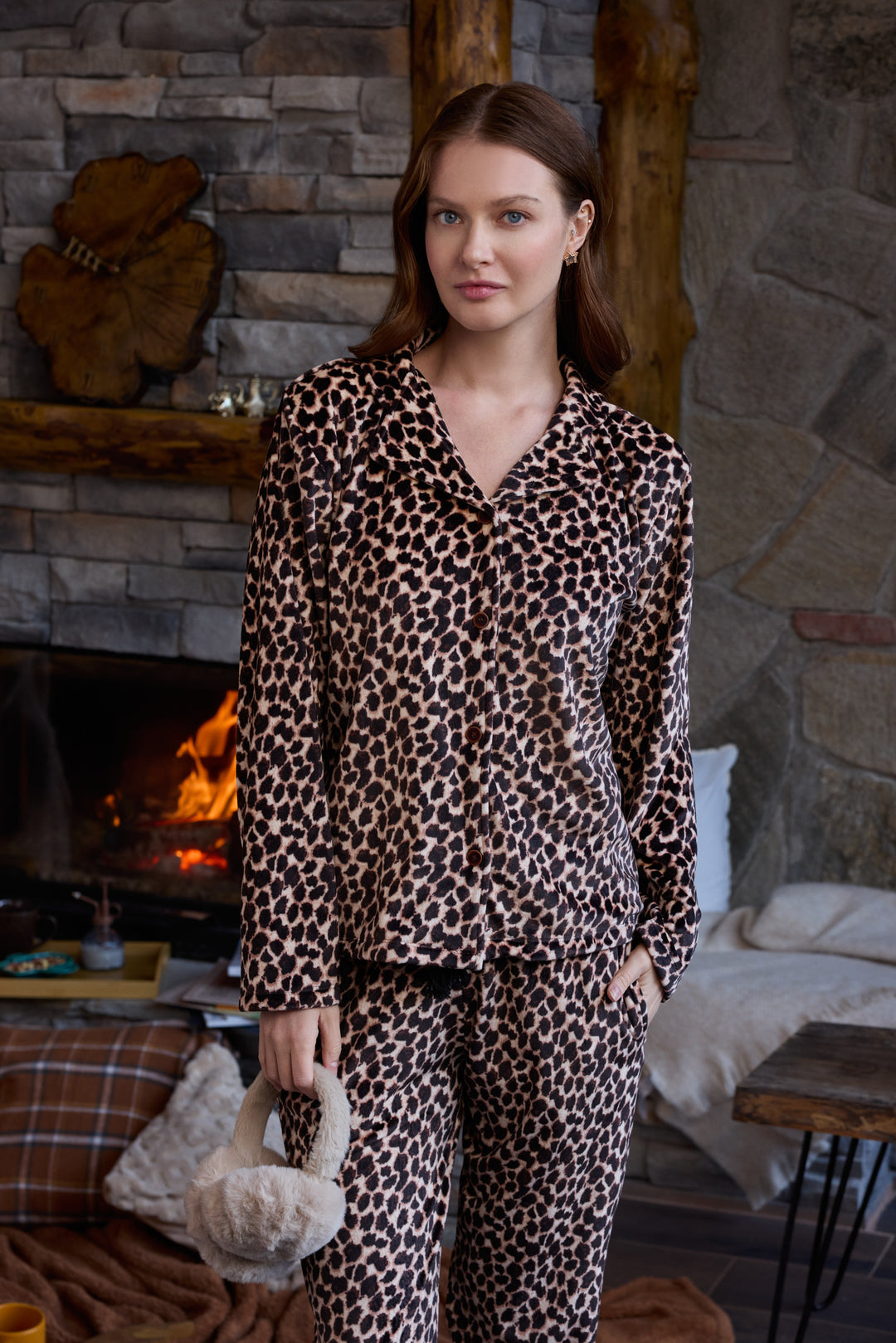 Leopard Velvet Pajama Set with Buttons – Cozy Winter Style | 6010