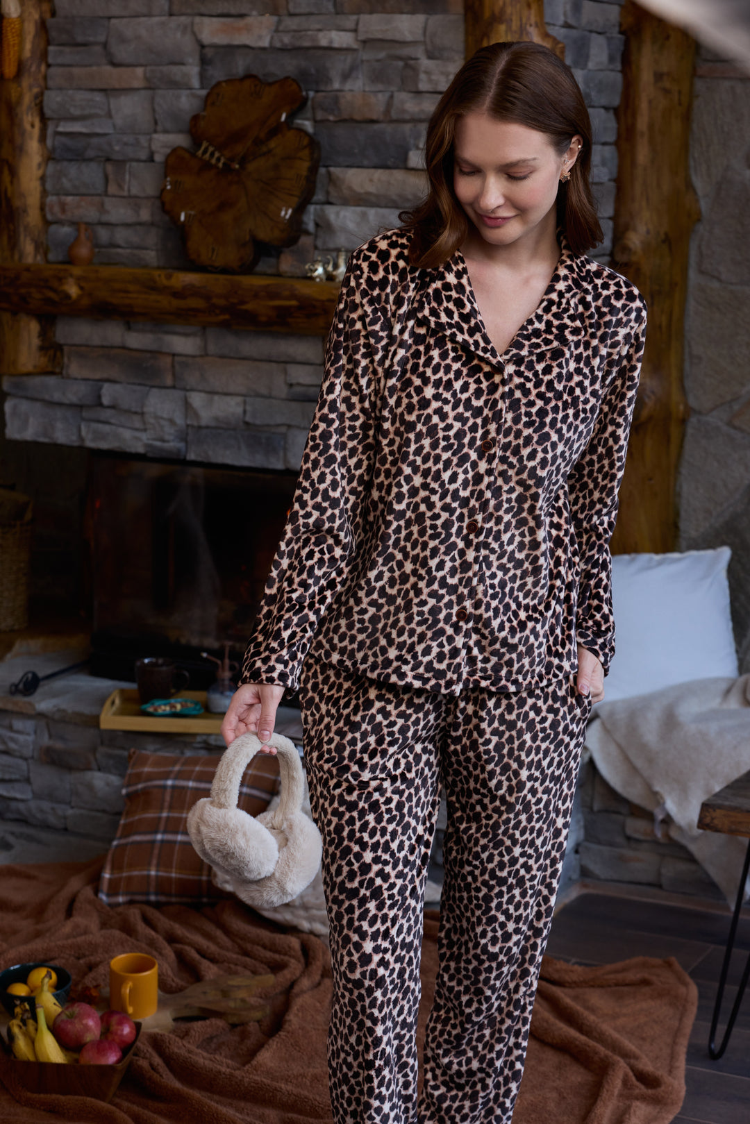 Leopard Velvet Pajama Set with Buttons – Cozy Winter Style | 6010