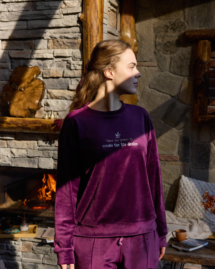 Dark Plum Velvet Winter Set with Embroidery – Cozy Loungewear | 6011