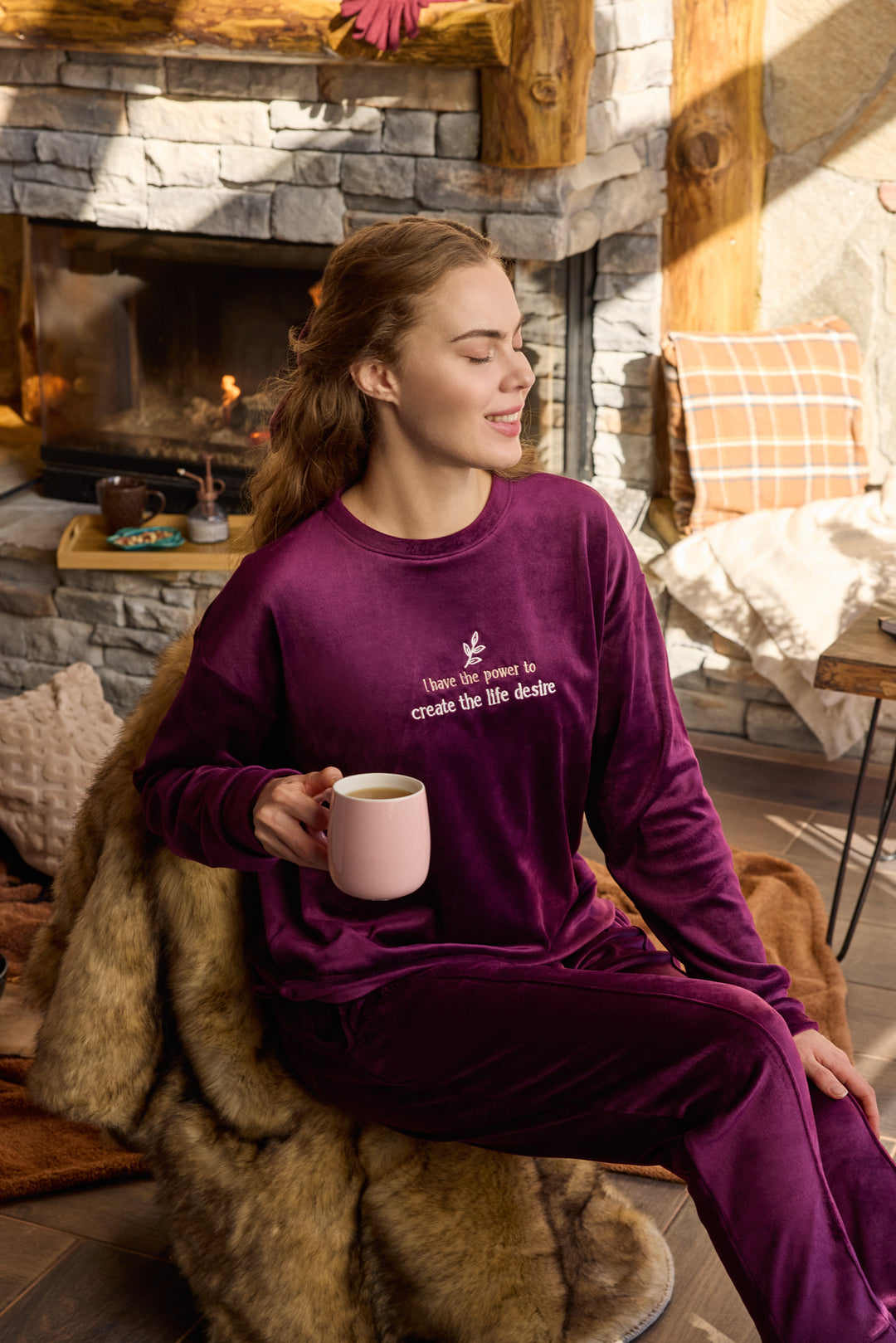 Dark Plum Velvet Winter Set with Embroidery – Cozy Loungewear | 6011